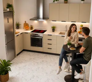 Cocina color taupe, con asas negras